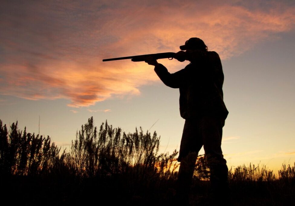 Silhouette of a hunter aiming a rifle at sunset.